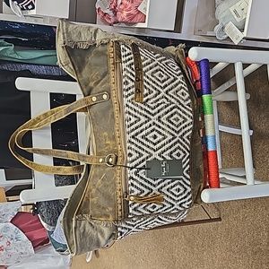 Myra Bag Handmade Sand Weekender Tote Bag Upcycled Canvas & Cowhide Leather